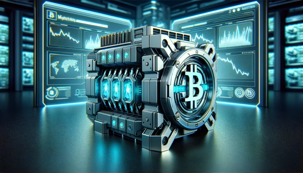 DALL·E 2024 04 30 11.25.28 A digital illustration of a futuristic mining machine for Bitcoin sleek and metallic with glowing parts suggesting advanced technology. The backgrou